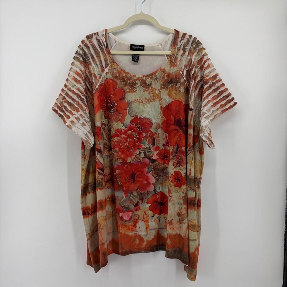 Maggie Barnes Womens 3X Multicolor Floral Tunic Burnout Sleeve Rhinestone Top
